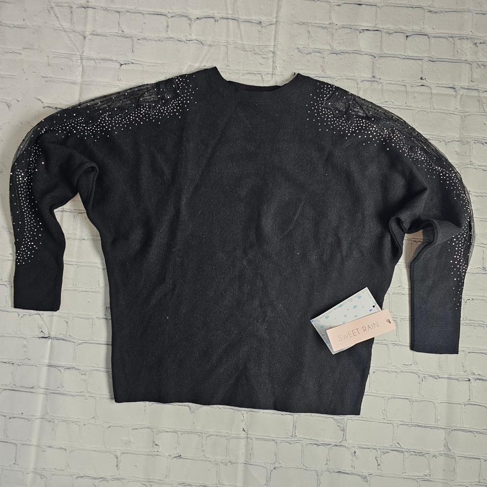 Sweet Rain Black Lace‎ Rhinestone Embellished Batwing Sweater T39251-B Large NWT